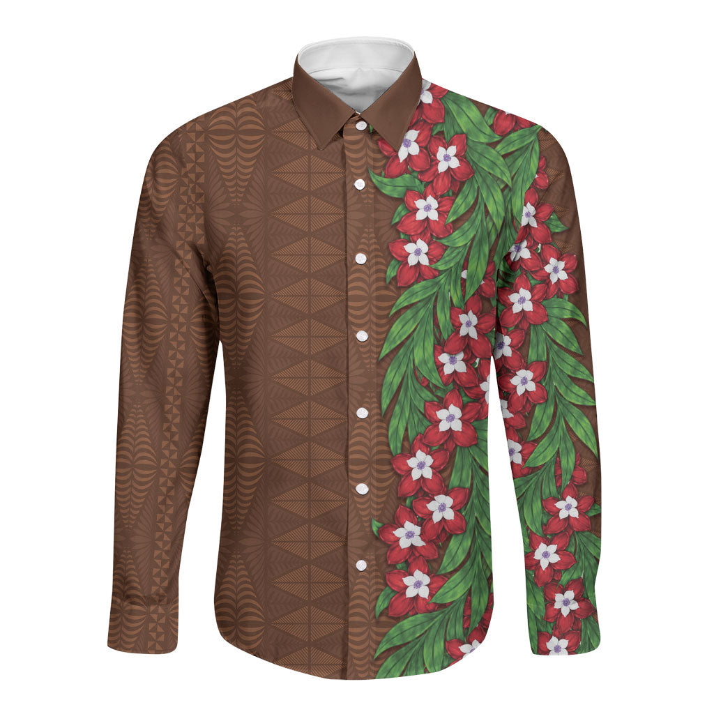 Tonga Language Week Long Sleeve Button Shirt Heilala Floral Brown