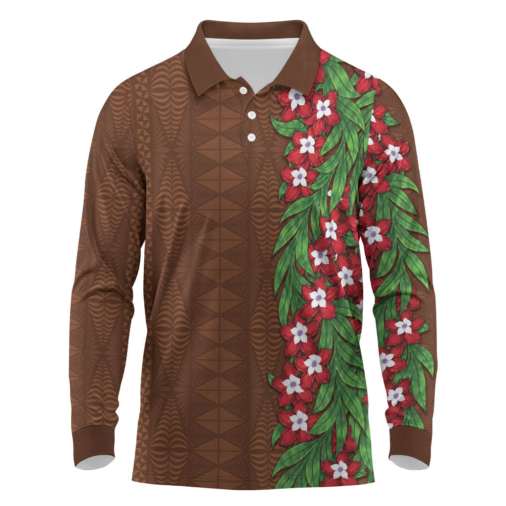 Tonga Language Week Long Sleeve Polo Shirt Heilala Floral Brown