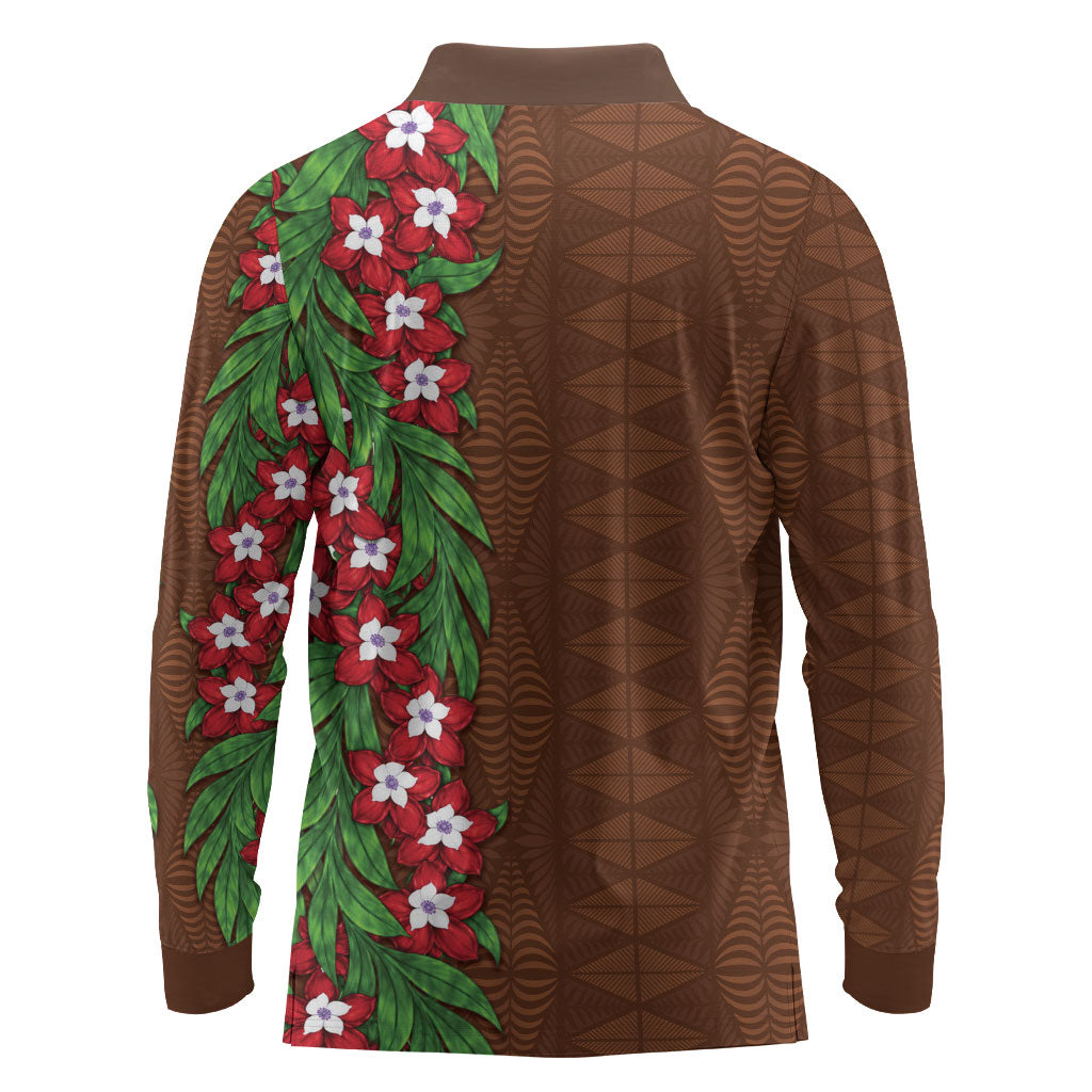 Tonga Language Week Long Sleeve Polo Shirt Heilala Floral Brown