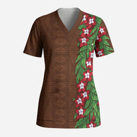 Tonga Language Week Scrub Top Heilala Floral Brown