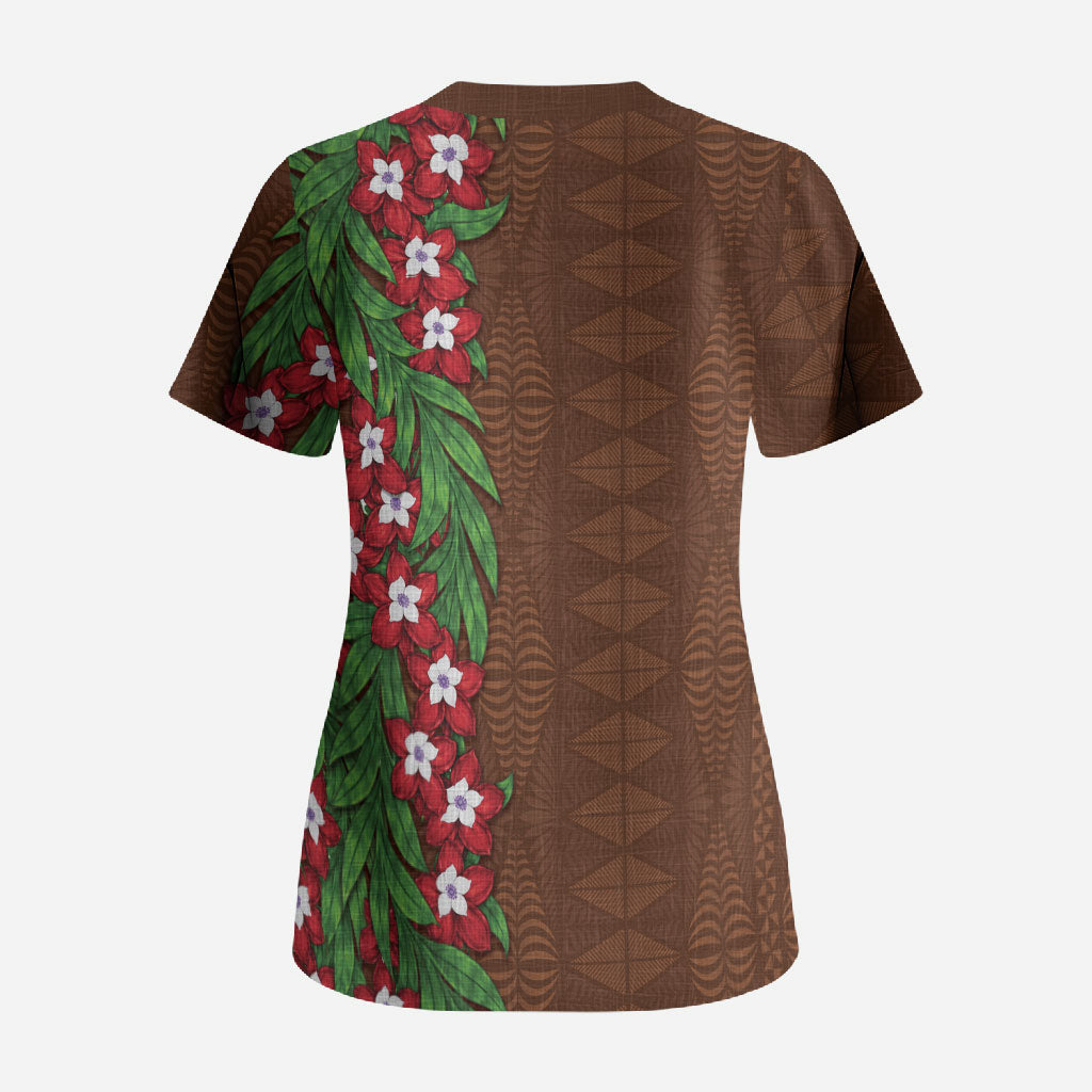 Tonga Language Week Scrub Top Heilala Floral Brown