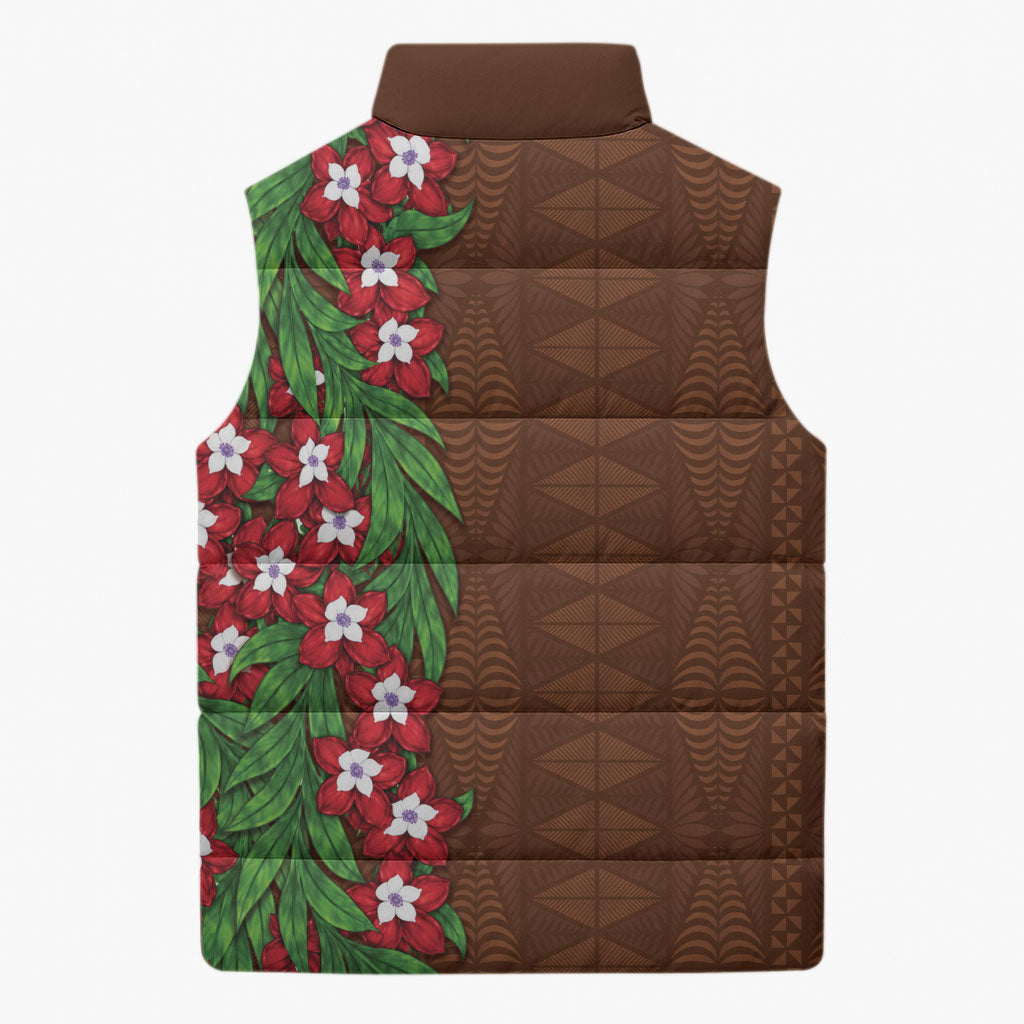 Tonga Language Week Sleeveless Puffer Jacket Heilala Floral Brown