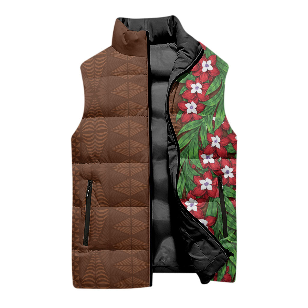 Tonga Language Week Sleeveless Puffer Jacket Heilala Floral Brown