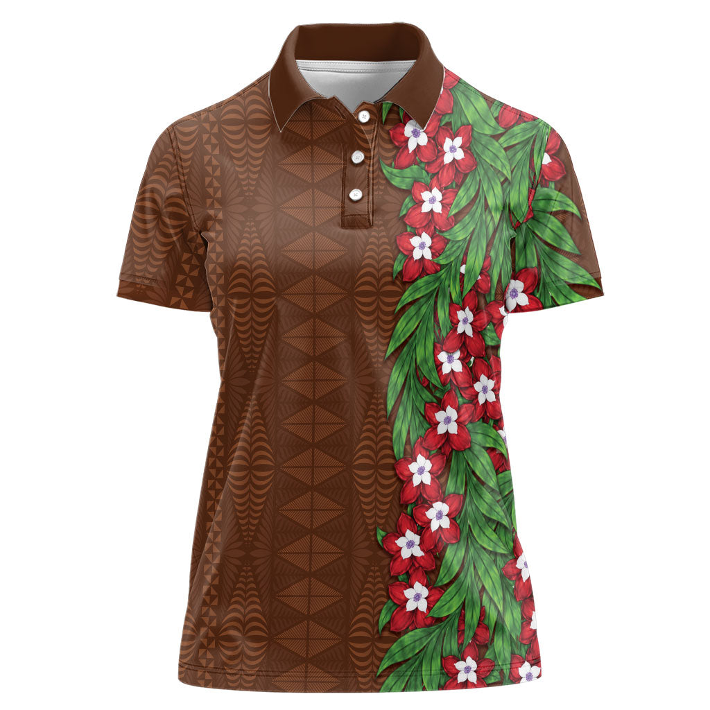 Tonga Language Week Women Polo Shirt Heilala Floral Brown