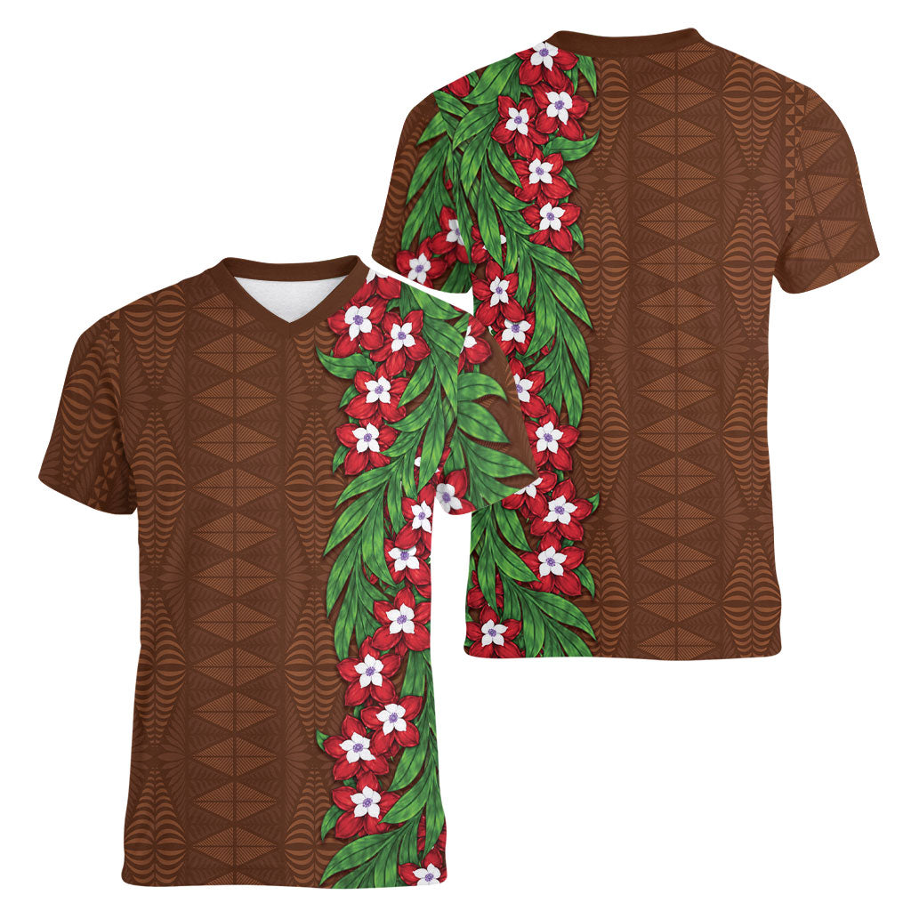 Tonga Language Week Women V-Neck T-Shirt Heilala Floral Brown