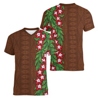 Tonga Language Week Women V-Neck T-Shirt Heilala Floral Brown