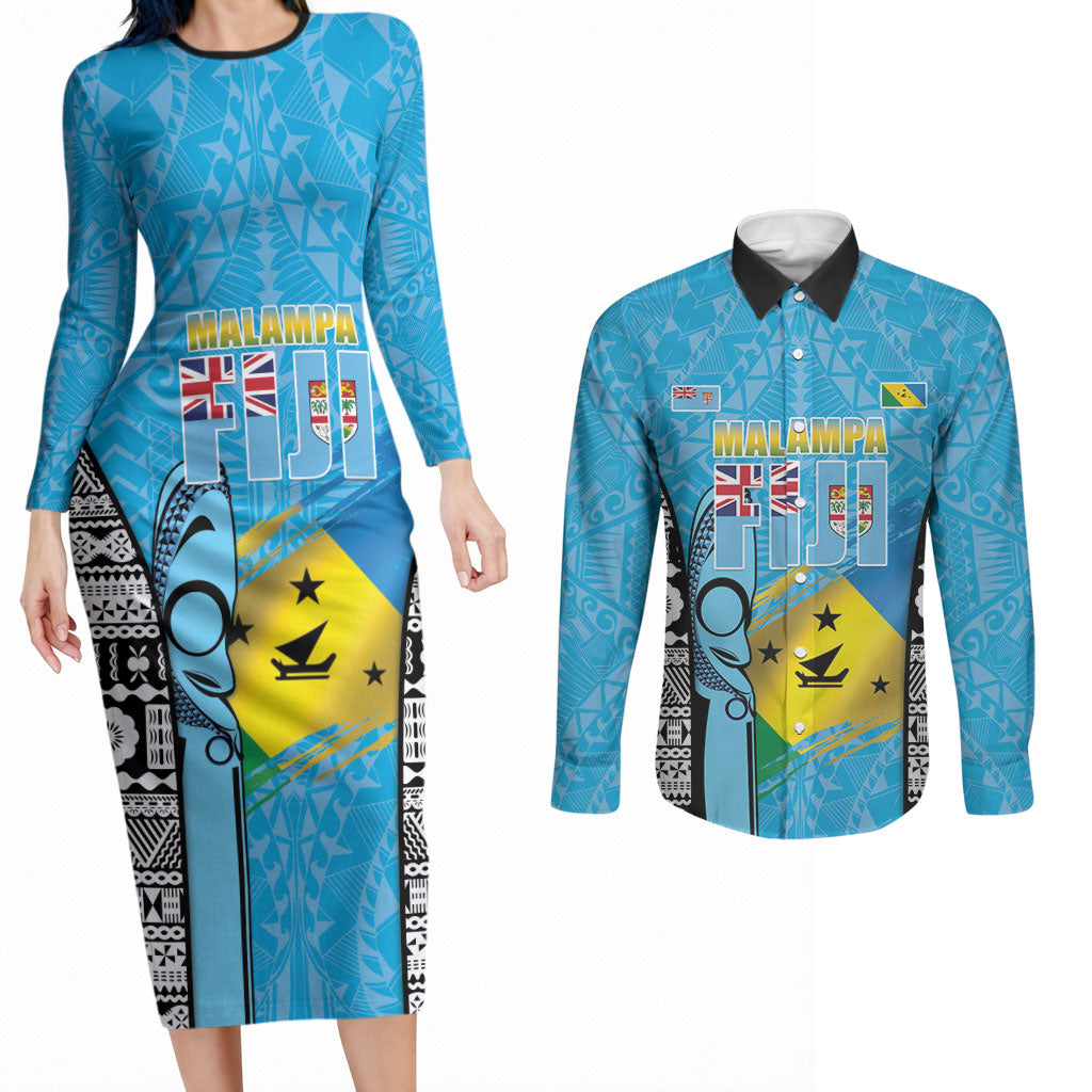 Personalised Malampa Fiji Day 2026 Couples Matching Long Sleeve Bodycon Dress and Long Sleeve Button Shirt Unique Style LT05 Blue - Polynesian Pride