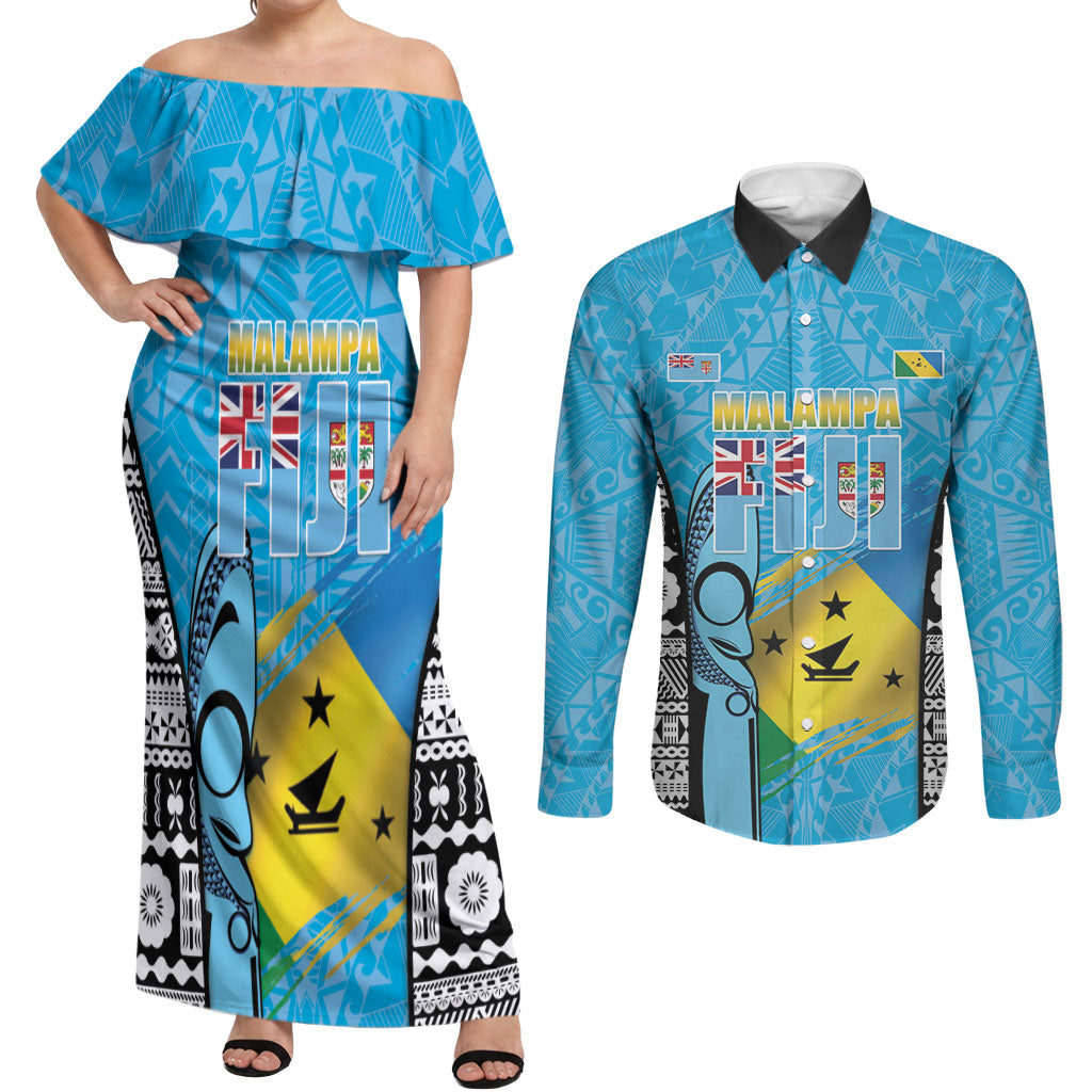 Personalised Malampa Fiji Day 2026 Couples Matching Off Shoulder Maxi Dress and Long Sleeve Button Shirt Unique Style LT05 Blue - Polynesian Pride