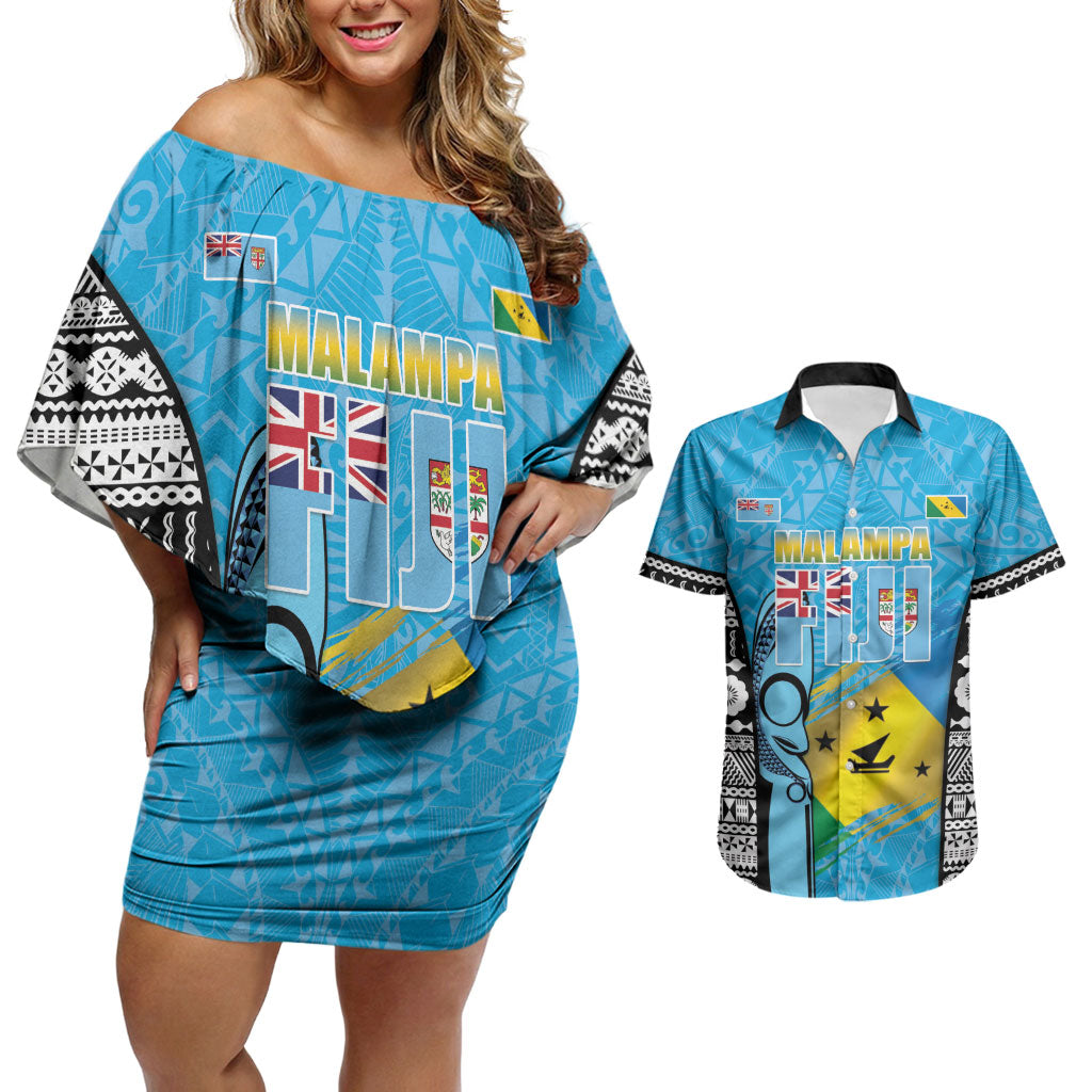 Personalised Malampa Fiji Day 2026 Couples Matching Off Shoulder Short Dress and Hawaiian Shirt Unique Style LT05 Blue - Polynesian Pride