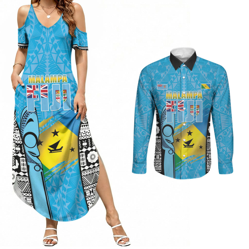 Personalised Malampa Fiji Day 2026 Couples Matching Summer Maxi Dress and Long Sleeve Button Shirt Unique Style LT05 Blue - Polynesian Pride