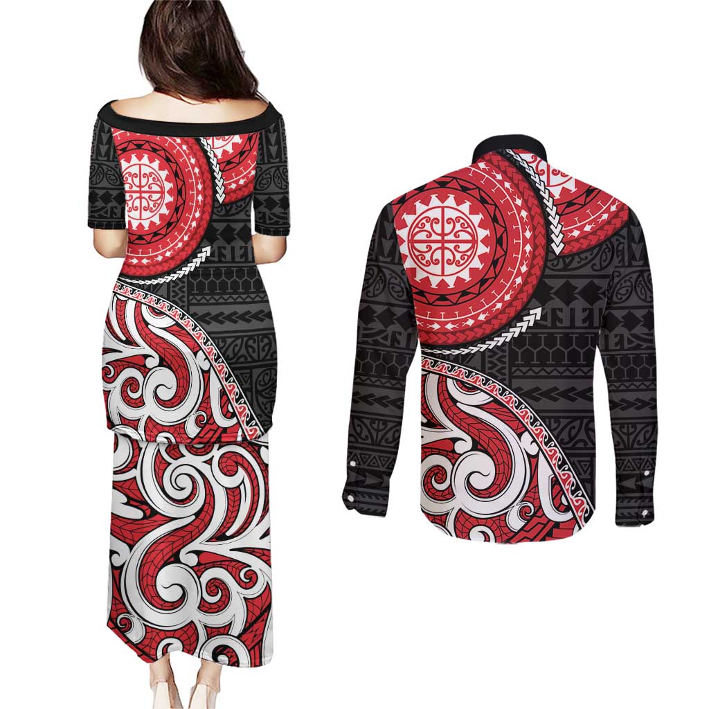 New Zealand Red Maori Koru Simple Style Couples Matching Puletasi and Long Sleeve Button Shirt