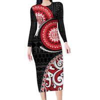 New Zealand Red Maori Koru Simple Style Family Matching Long Sleeve Bodycon Dress and Hawaiian Shirt