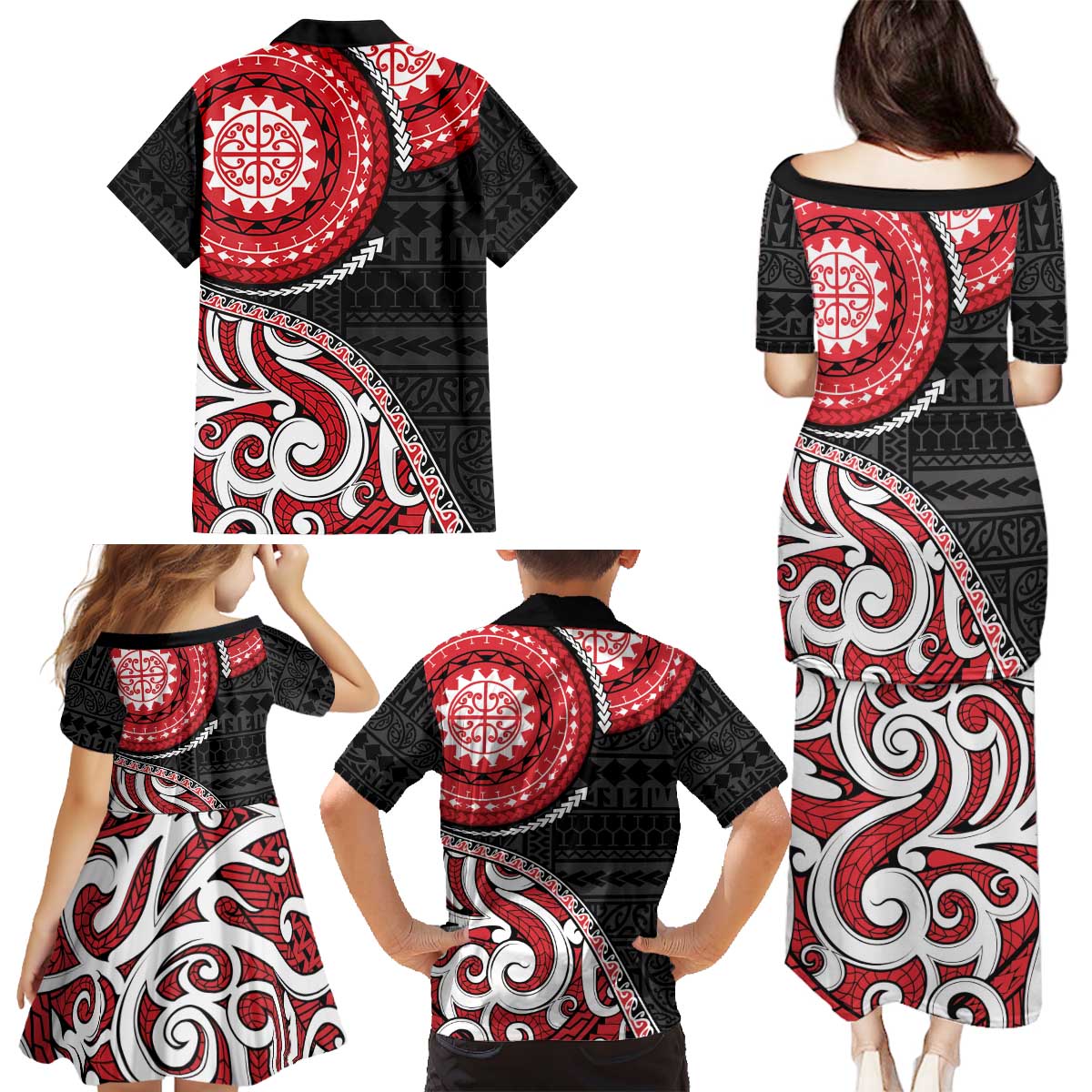 New Zealand Red Maori Koru Simple Style Family Matching Puletasi and Hawaiian Shirt