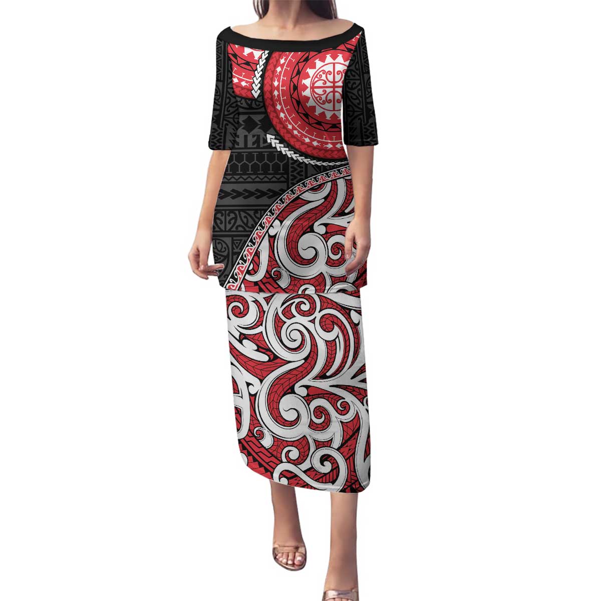 New Zealand Red Maori Koru Simple Style Family Matching Puletasi and Hawaiian Shirt