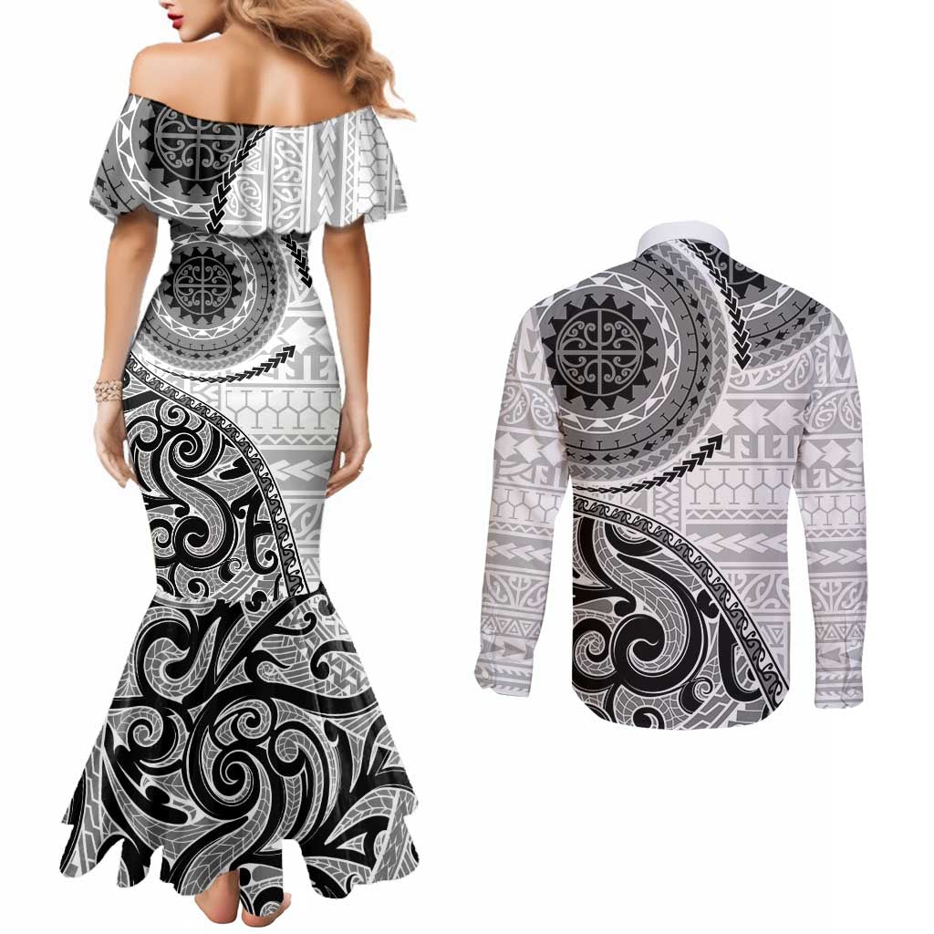 New Zealand White Maori Koru Simple Style Couples Matching Mermaid Dress and Long Sleeve Button Shirt
