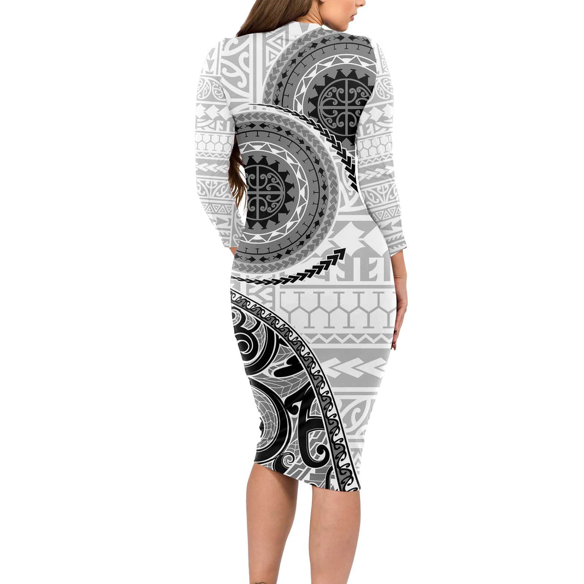 New Zealand White Maori Koru Simple Style Long Sleeve Bodycon Dress