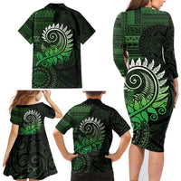 New Zealand Maori Koru Fern Family Matching Long Sleeve Bodycon Dress and Hawaiian Shirt Spiral Polynesian Style Green
