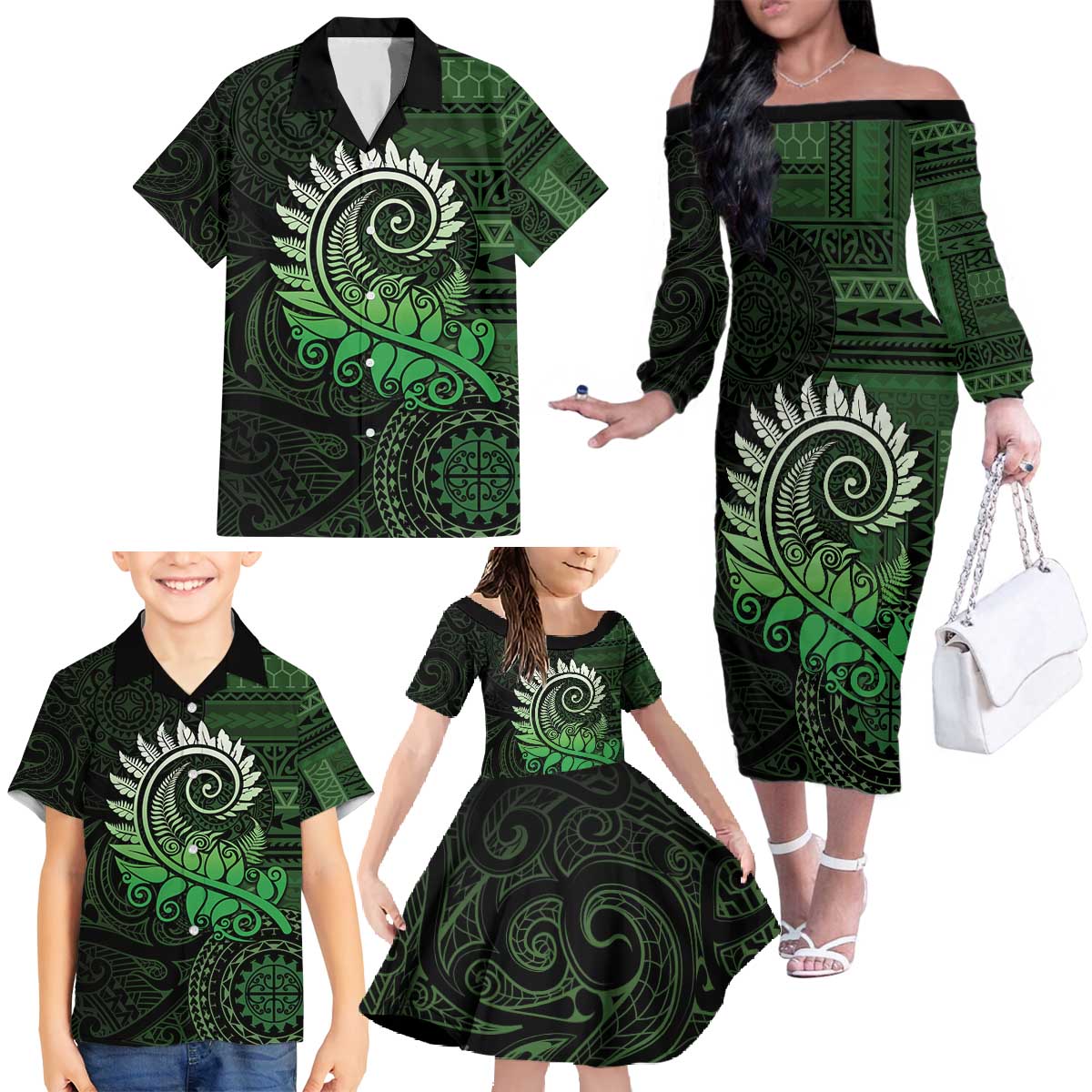 New Zealand Maori Koru Fern Family Matching Off The Shoulder Long Sleeve Dress and Hawaiian Shirt Spiral Polynesian Style Green LT05 - Polynesian Pride