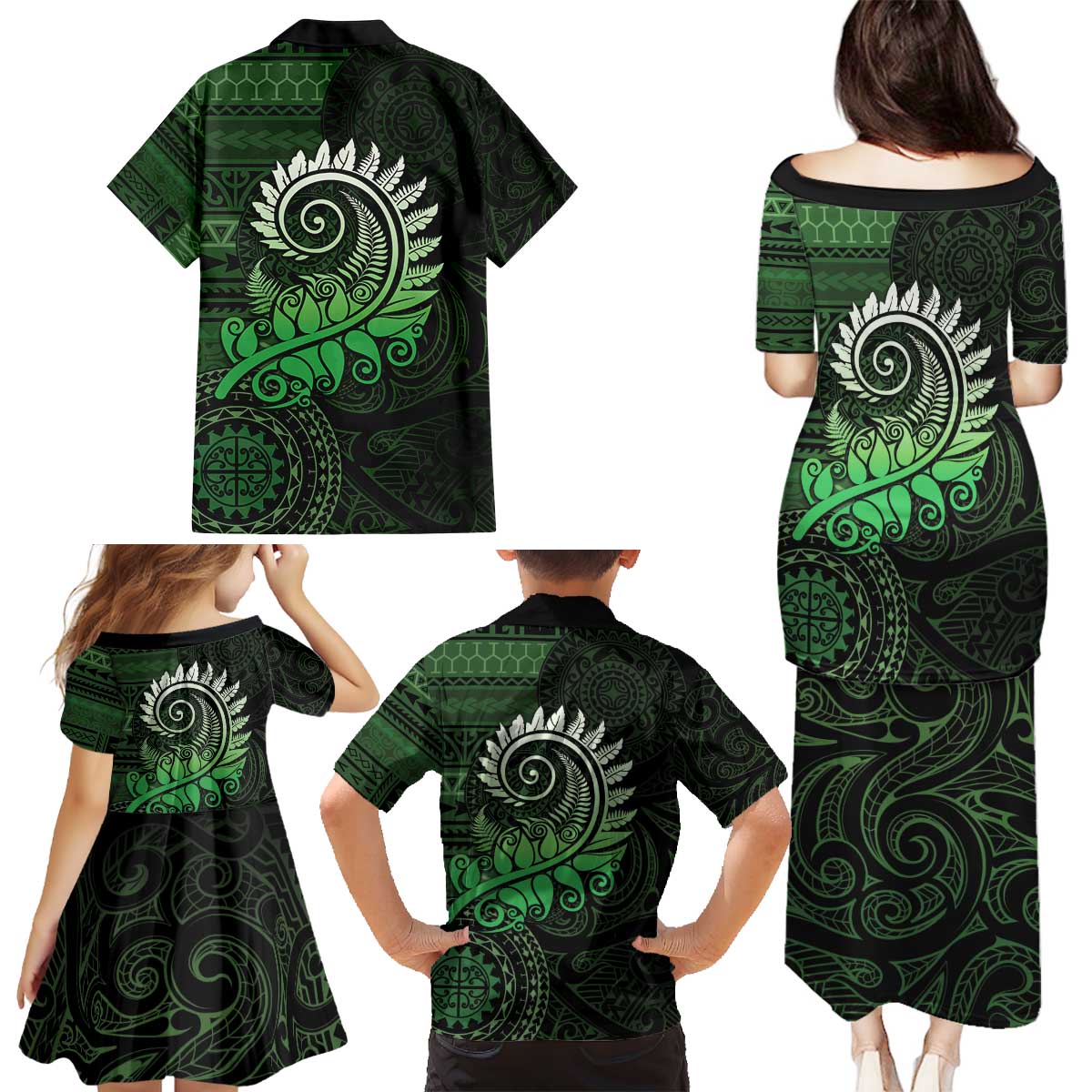 New Zealand Maori Koru Fern Family Matching Puletasi and Hawaiian Shirt Spiral Polynesian Style Green