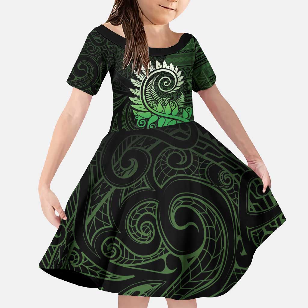 New Zealand Maori Koru Fern Family Matching Short Sleeve Bodycon Dress and Hawaiian Shirt Spiral Polynesian Style Green LT05 Daughter's Dress Green - Polynesian Pride