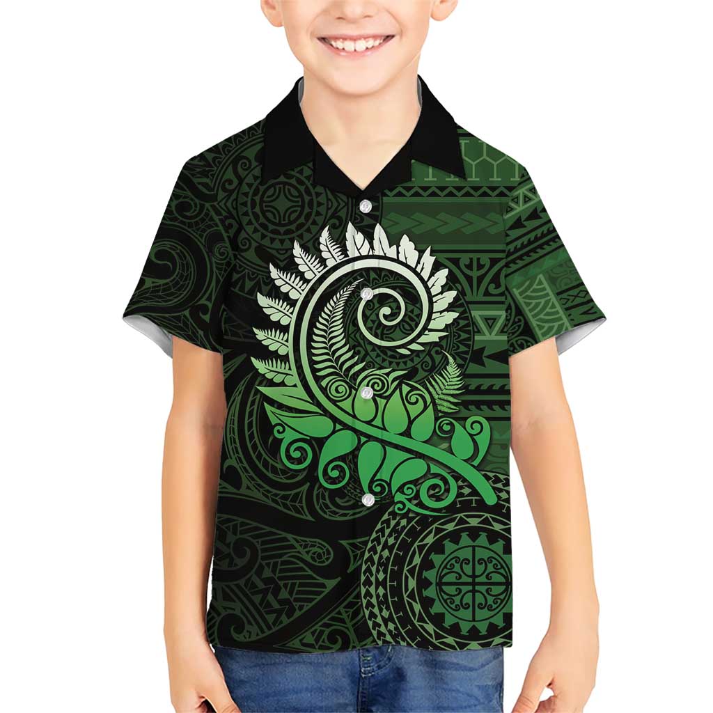 New Zealand Maori Koru Fern Family Matching Short Sleeve Bodycon Dress and Hawaiian Shirt Spiral Polynesian Style Green LT05 Son's Shirt Green - Polynesian Pride