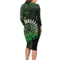 New Zealand Maori Koru Fern Long Sleeve Bodycon Dress Spiral Polynesian Style Green