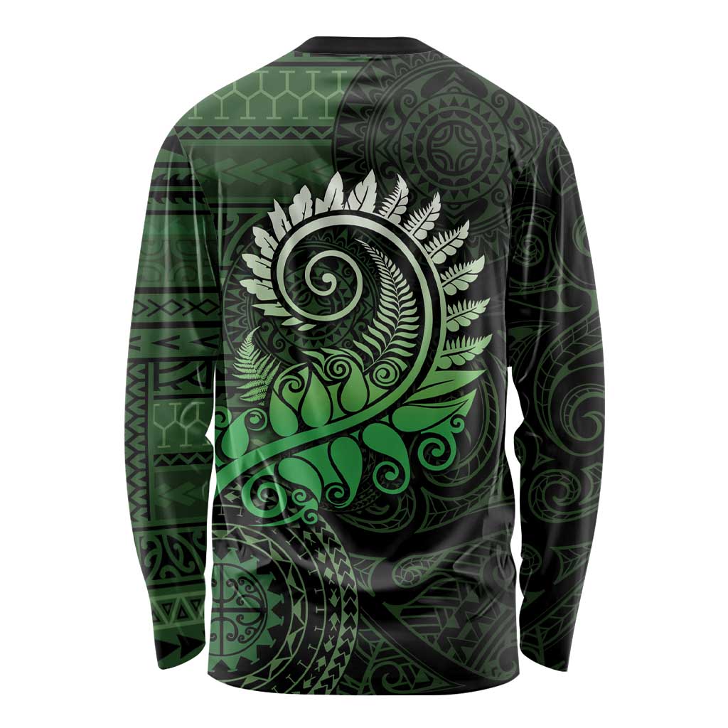 New Zealand Maori Koru Fern Long Sleeve Shirt Spiral Polynesian Style Green