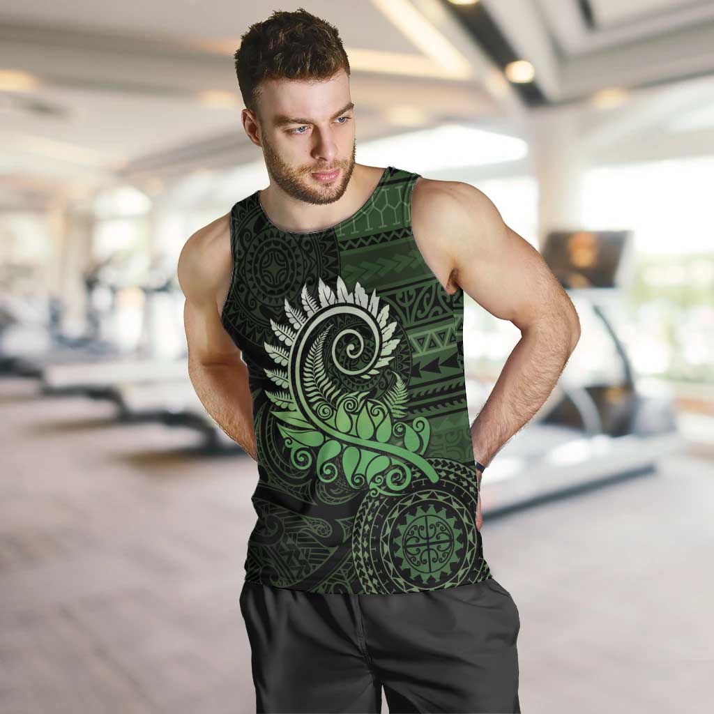 New Zealand Maori Koru Fern Men Tank Top Spiral Polynesian Style Green