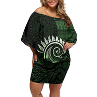 New Zealand Maori Koru Fern Off Shoulder Short Dress Spiral Polynesian Style Green LT05 Women Green - Polynesian Pride