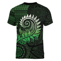 New Zealand Maori Koru Fern Women V-Neck T-Shirt Spiral Polynesian Style Green