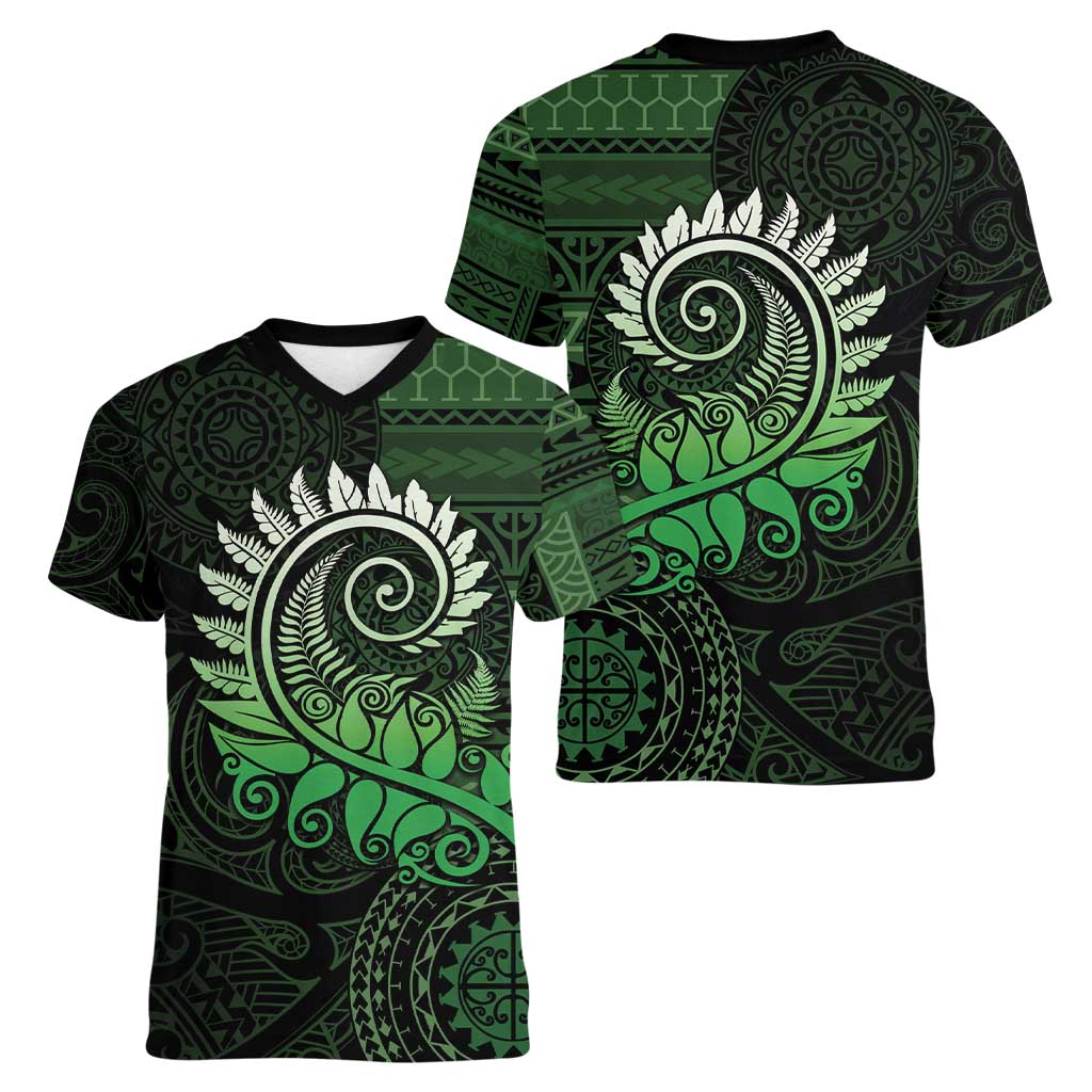 New Zealand Maori Koru Fern Women V-Neck T-Shirt Spiral Polynesian Style Green