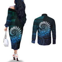 New Zealand Maori Koru Fern Couples Matching Off The Shoulder Long Sleeve Dress and Long Sleeve Button Shirt Spiral Polynesian Style Aqua Gradient