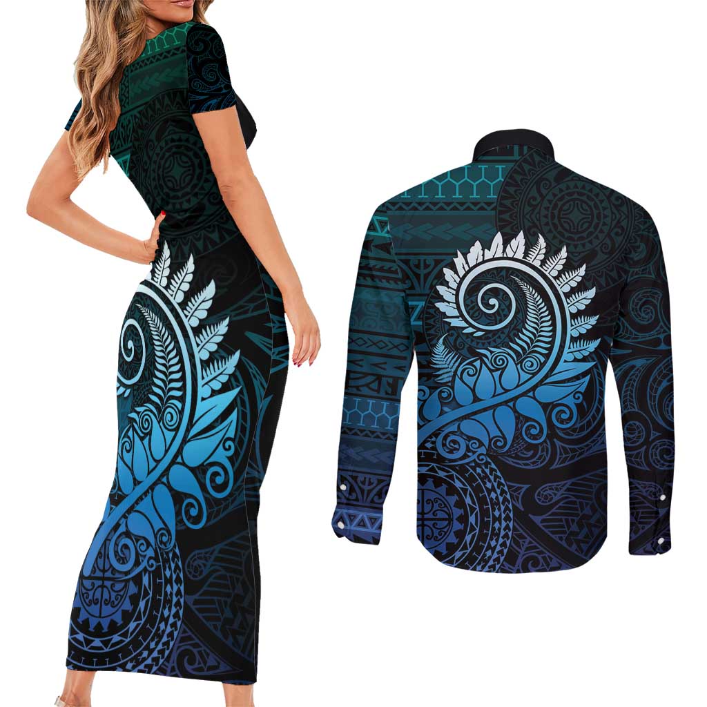 New Zealand Maori Koru Fern Couples Matching Short Sleeve Bodycon Dress and Long Sleeve Button Shirt Spiral Polynesian Style Aqua Gradient