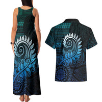 New Zealand Maori Koru Fern Couples Matching Tank Maxi Dress and Hawaiian Shirt Spiral Polynesian Style Aqua Gradient
