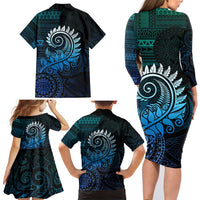 New Zealand Maori Koru Fern Family Matching Long Sleeve Bodycon Dress and Hawaiian Shirt Spiral Polynesian Style Aqua Gradient