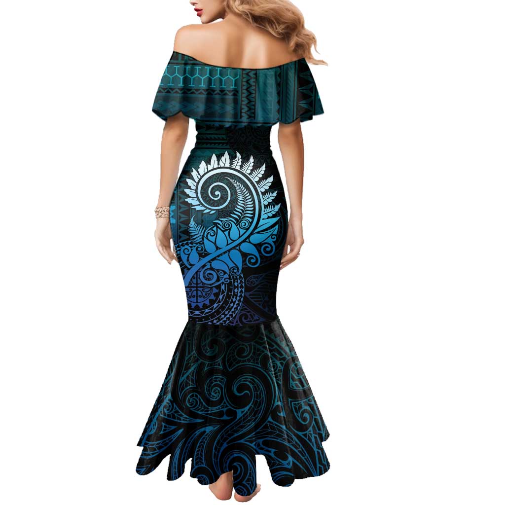 New Zealand Maori Koru Fern Family Matching Mermaid Dress and Hawaiian Shirt Spiral Polynesian Style Aqua Gradient