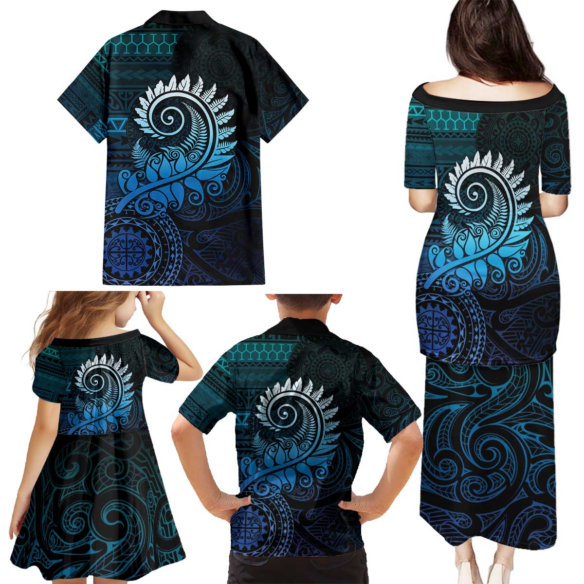 New Zealand Maori Koru Fern Family Matching Puletasi and Hawaiian Shirt Spiral Polynesian Style Aqua Gradient