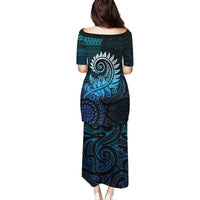 New Zealand Maori Koru Fern Family Matching Puletasi and Hawaiian Shirt Spiral Polynesian Style Aqua Gradient