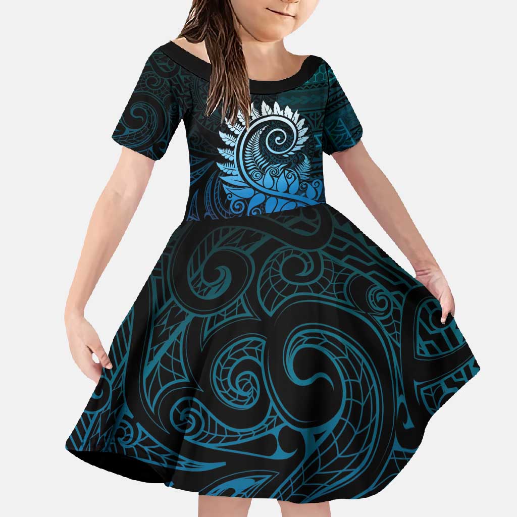 New Zealand Maori Koru Fern Family Matching Tank Maxi Dress and Hawaiian Shirt Spiral Polynesian Style Aqua Gradient