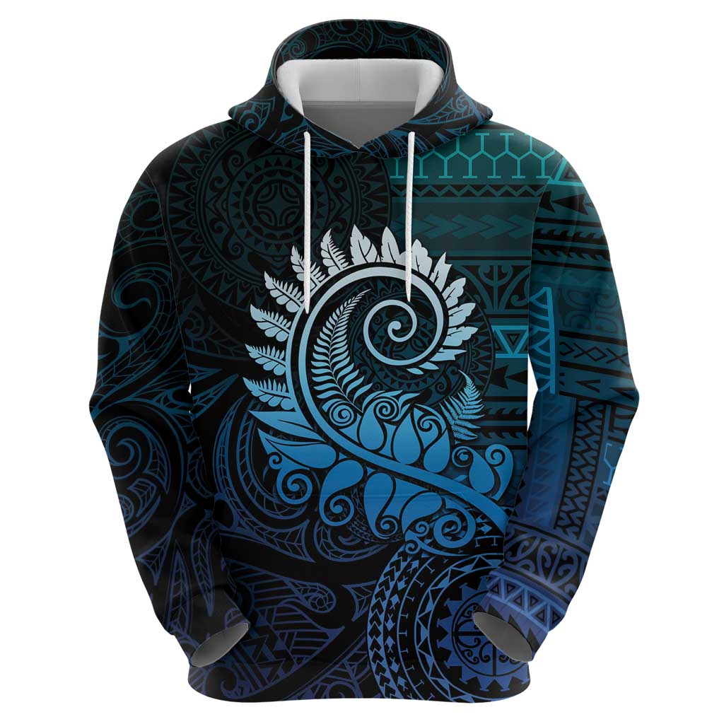 New Zealand Maori Koru Fern Hoodie Spiral Polynesian Style Aqua Gradient