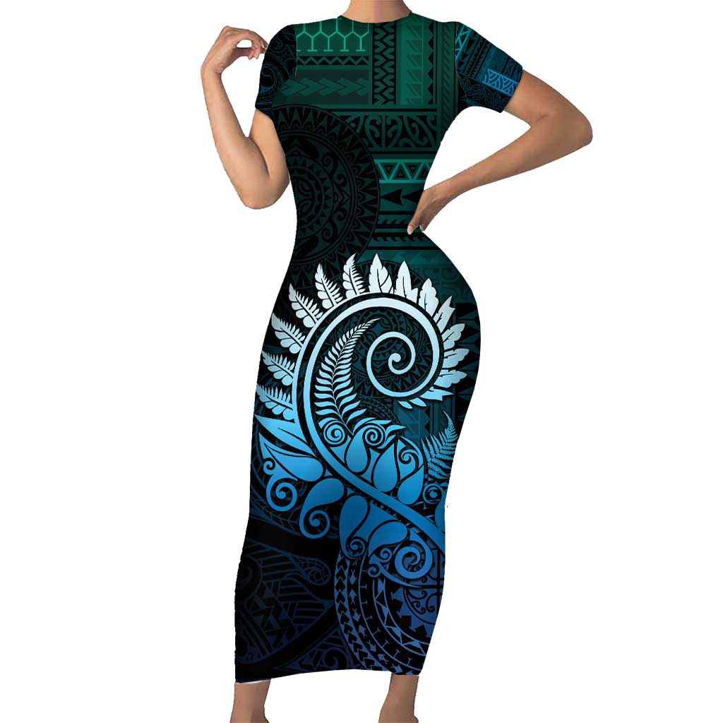 New Zealand Maori Koru Fern Short Sleeve Bodycon Dress Spiral Polynesian Style Aqua Gradient LT05 Long Dress Aqua - Polynesian Pride