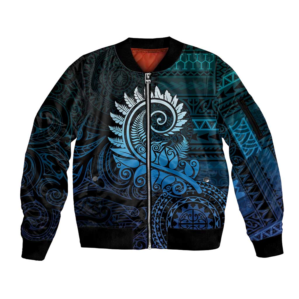 New Zealand Maori Koru Fern Sleeve Zip Bomber Jacket Spiral Polynesian Style Aqua Gradient LT05 Unisex Aqua - Polynesian Pride