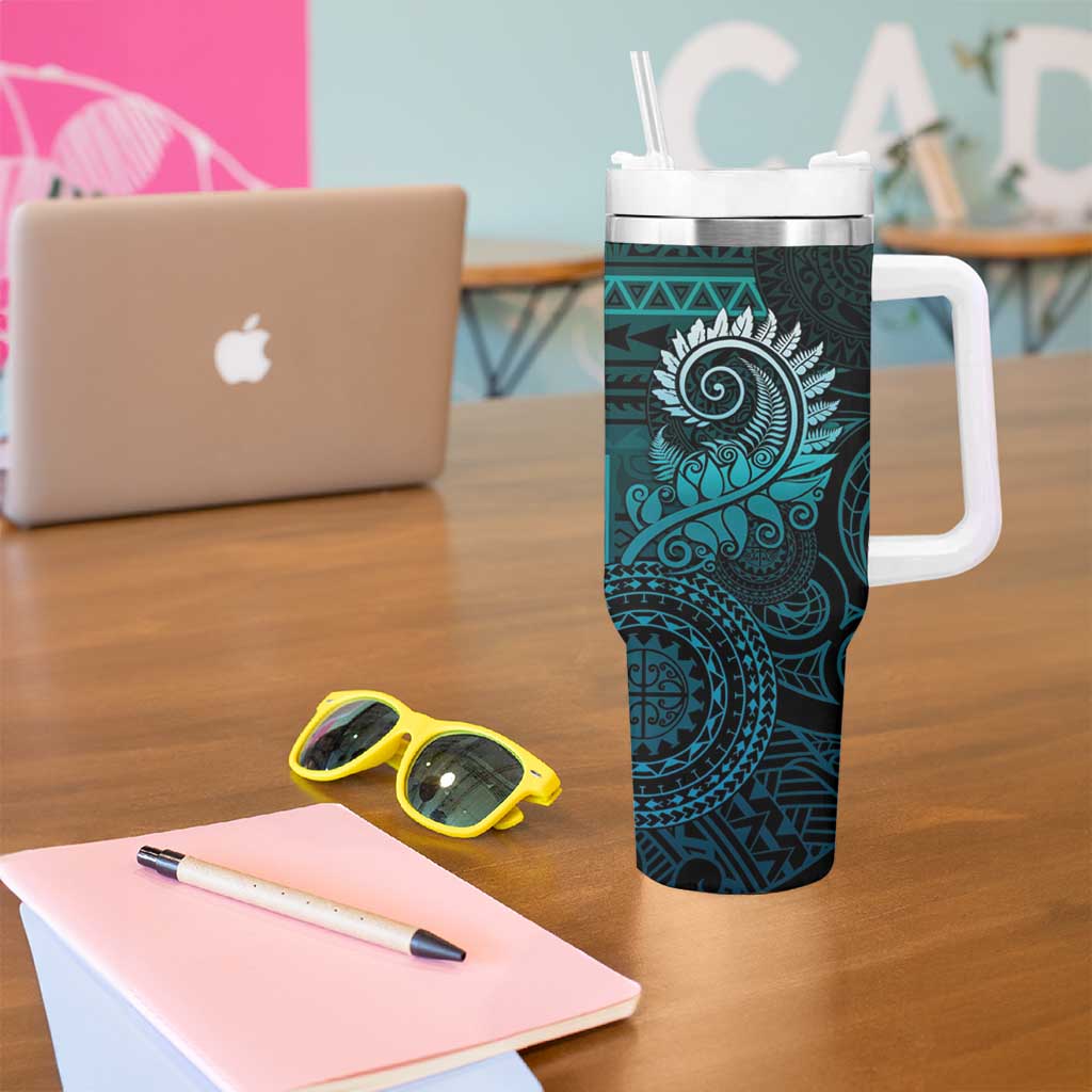 New Zealand Maori Koru Fern Tumbler With Handle Spiral Polynesian Style Aqua Gradient