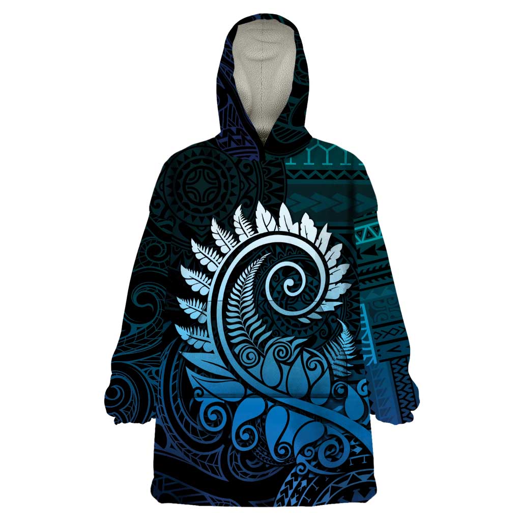 New Zealand Maori Koru Fern Wearable Blanket Hoodie Spiral Polynesian Style Aqua Gradient LT05 One Size Aqua - Polynesian Pride