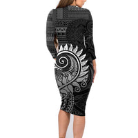 New Zealand Maori Koru Fern Family Matching Long Sleeve Bodycon Dress and Hawaiian Shirt Spiral Polynesian Style Gray