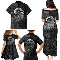 New Zealand Maori Koru Fern Family Matching Puletasi and Hawaiian Shirt Spiral Polynesian Style Gray