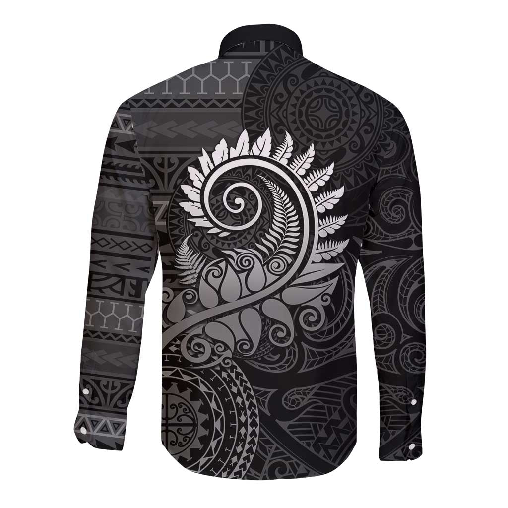 New Zealand Maori Koru Fern Long Sleeve Button Shirt Spiral Polynesian Style Gray