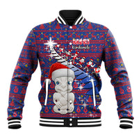Personalized New Zealand Christmas Baseball Jacket Haka Fern Santa Tiki Meri Kirihimete LT05 Unisex Blue - Polynesian Pride
