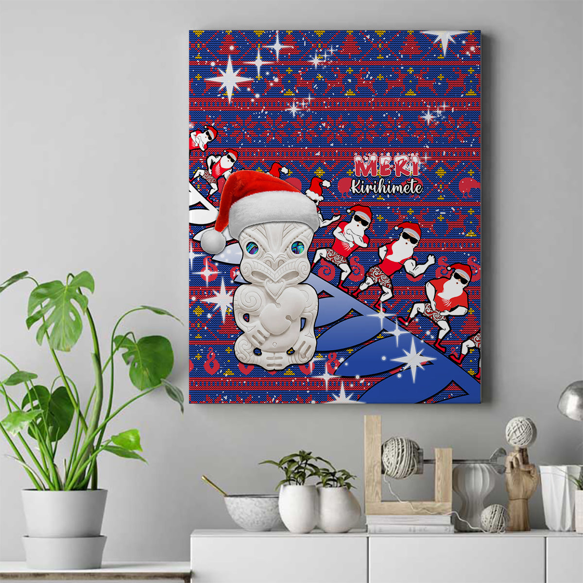 New Zealand Christmas Canvas Wall Art Haka Fern Santa Tiki Meri Kirihimete LT05 Blue - Polynesian Pride
