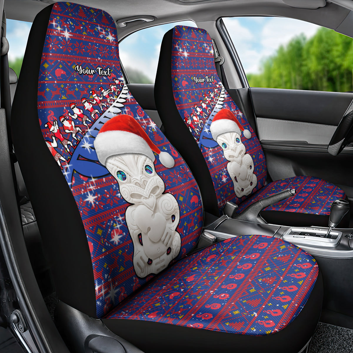 Personalized New Zealand Christmas Car Seat Cover Haka Fern Santa Tiki Meri Kirihimete LT05 - Polynesian Pride